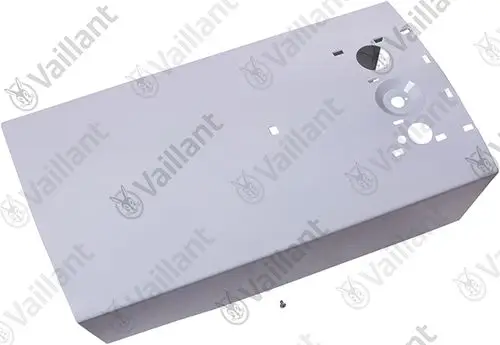 Weißes Metallgehäuse von Vaillant mit Ausschnitten, darunter ein Loch und mehrere rechteckige Öffnungen. Ein kleiner Schraubenzugang ist sichtbar.